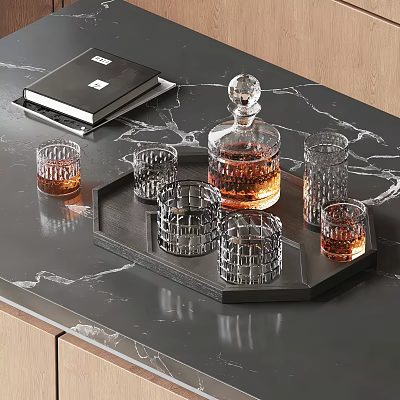 Elegant Crystal Decanter And Whiskey Glasses On Tray Over Marble Countertop 3d model