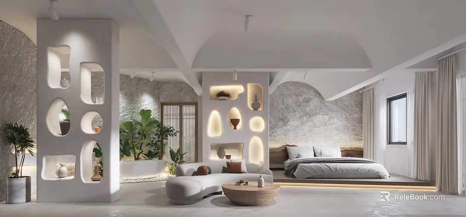 Modern Hotel Room Interior Featuring Comfortable Bed Rest Area And Green Plant Decorations 3d model 