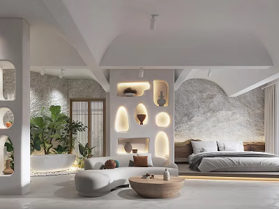 Modern Hotel Room Interior Featuring Comfortable Bed Rest Area And Green Plant Decorations 3d model