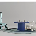 Blue Round Kids Table With Rabbit Shaped Chairs And Building Blocks On Play Mat