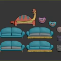 Blue Multi Seat Sofas with Decorative Toys Smiley Face and Dinosaur Accents