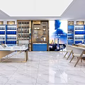 Elegant Tobacco and Liquor Store Interior Design with Blue Shelves Display Cabinets and Marble Flooring