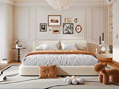 Cozy Bedroom Interior With Framed Artworks Chandelier Large Bed Striped Pillows And Stuffed Toys 3d model