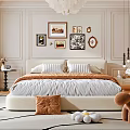 Cozy Bedroom Interior With Framed Artworks Chandelier Large Bed Striped Pillows And Stuffed Toys