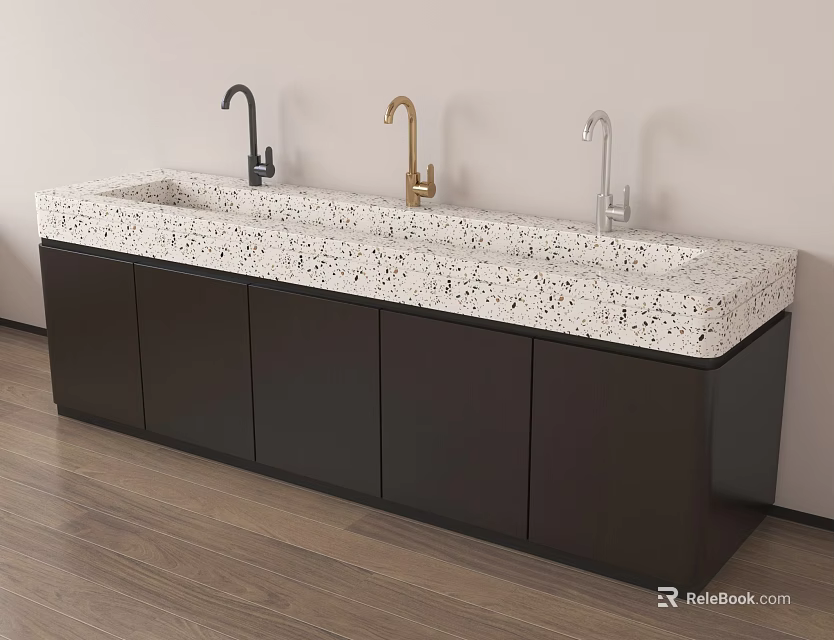 Modern Bathroom Washbasin Vanity With Terrazzo Speckled Countertop Three Modern Faucets And Dark Cabinets 3d model 