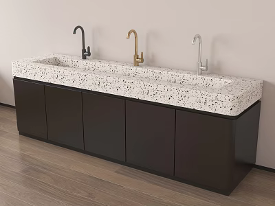 Modern Bathroom Washbasin Vanity With Terrazzo Speckled Countertop Three Modern Faucets And Dark Cabinets 3d model