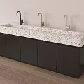 Modern Bathroom Washbasin Vanity With Terrazzo Speckled Countertop Three Modern Faucets And Dark Cabinets