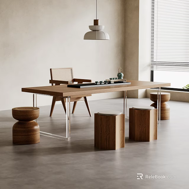 Modern Wooden Tea Table and Chairs with Metal Legs and Stools 3d model 