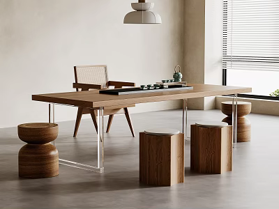 Modern Wooden Tea Table and Chairs with Metal Legs and Stools 3d model