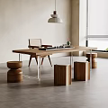 Modern Wooden Tea Table and Chairs with Metal Legs and Stools