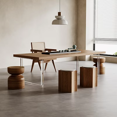 Modern Wooden Tea Table and Chairs with Metal Legs and Stools 3d model