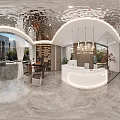 Elegant Modern Lobby Area With White Reception Desk Mirrored Ceiling Pendant Lights And Marble Flooring