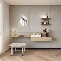 Modern Minimalist Dressing Table Interior With Decorative Mirror Wall Shelves And Wooden Stool
