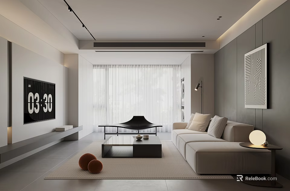 Modern Living Room Interior With Beige Sofa Black Coffee Table White Curtains And Decorative Painting 3d model 
