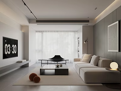 Modern Living Room Interior With Beige Sofa Black Coffee Table White Curtains And Decorative Painting 3d model