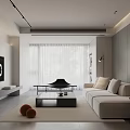 Modern Living Room Interior With Beige Sofa Black Coffee Table White Curtains And Decorative Painting