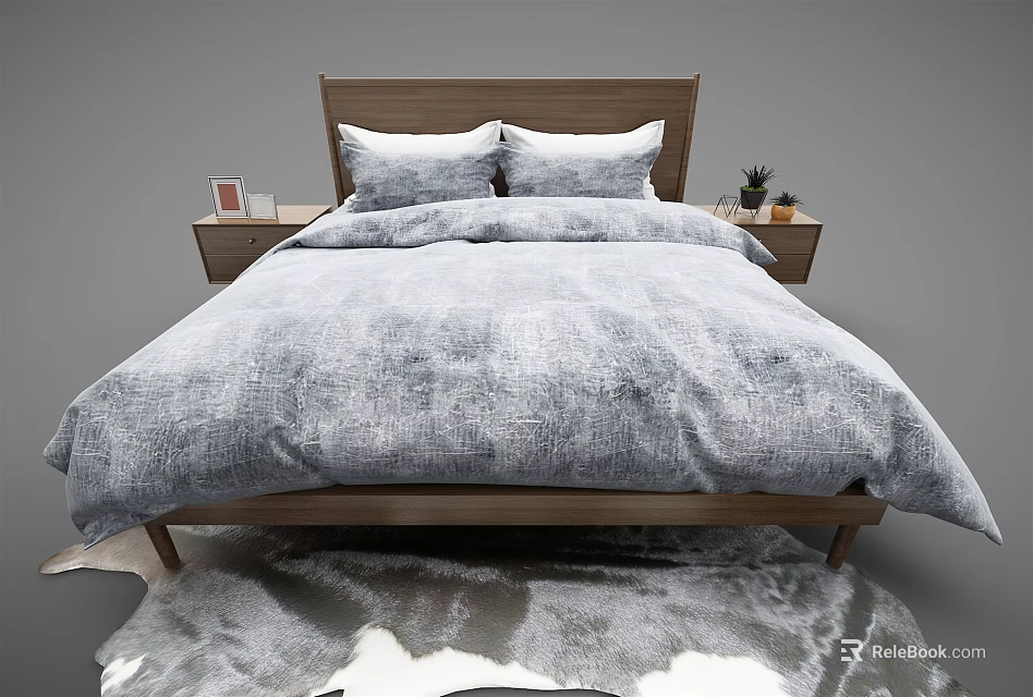 Double Bed With Wooden Headboard Gray Bedding Nightstands And Decorative Rug 3d model 