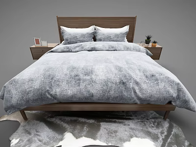 Double Bed With Wooden Headboard Gray Bedding Nightstands And Decorative Rug 3d model