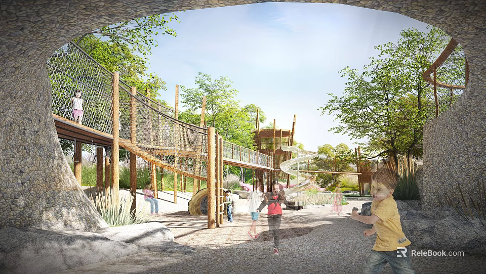 Outdoor Children's Play Area With Wooden Structures Rope Bridges And Trees Where Kids Play 3d model 