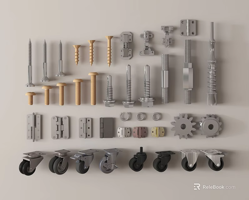 Assorted Hardware Tools Collection With Screws Bolts Nuts Hinges Casters And Gears 3d model