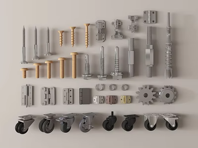 Assorted Hardware Tools Collection With Screws Bolts Nuts Hinges Casters And Gears 3d model