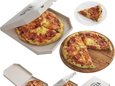 Freshly Baked Pepperoni Pizza In Open Cardboard Box With Slices On Wooden Board 3d model