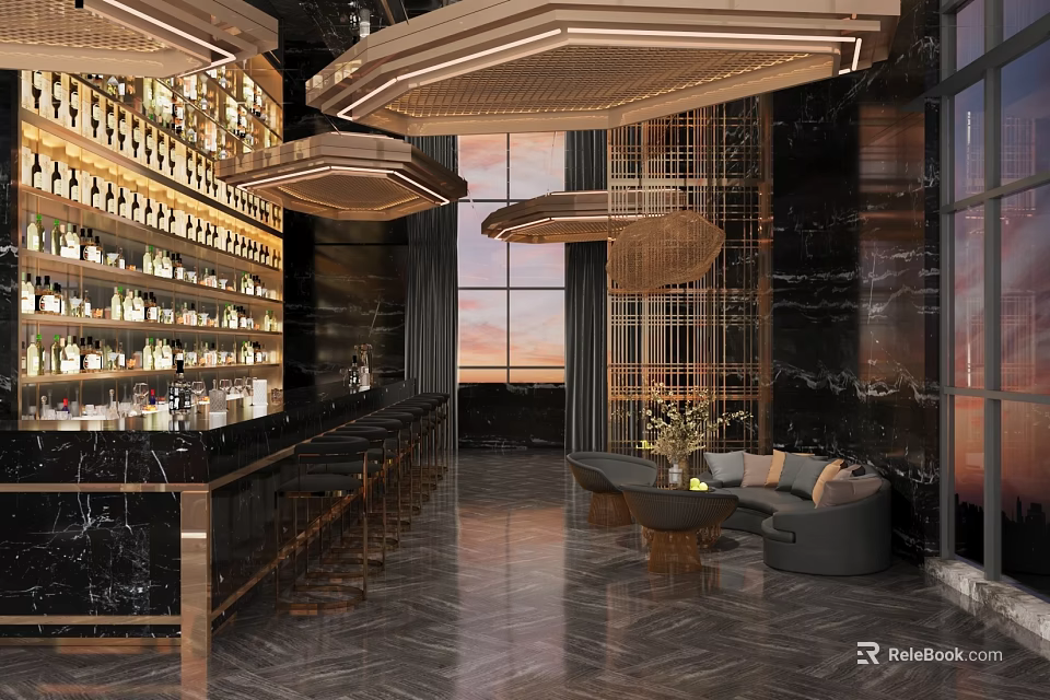 Luxury Modern Bar Interior Design With Marble Counter Liquor Shelves Pendant Lights And Sofa Seats 3d model 