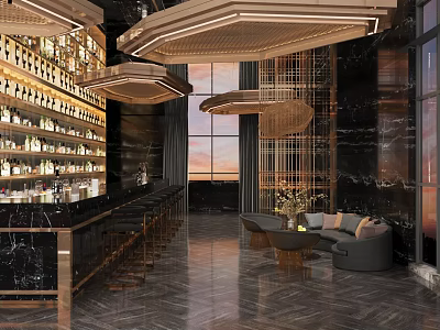 Luxury Modern Bar Interior Design With Marble Counter Liquor Shelves Pendant Lights And Sofa Seats 3d model