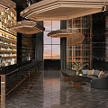 Luxury Modern Bar Interior Design With Marble Counter Liquor Shelves Pendant Lights And Sofa Seats