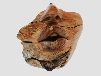 Intricate Wooden Human Face Art Installation With Natural Wood Grain And Detailed Features 3d model