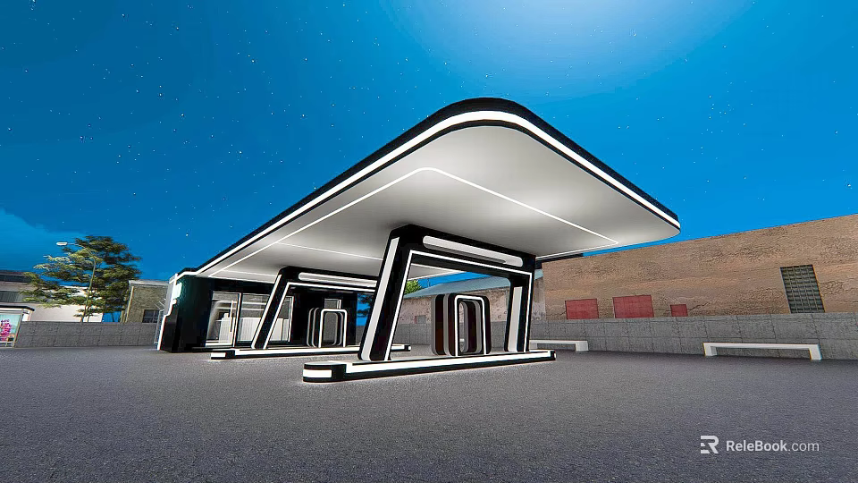 Modern Gas Station Canopy With LED Lighting And Contemporary Architecture Design 3d model 