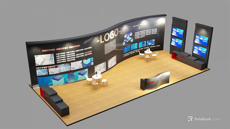 Curved Exhibition Display Shelves With Logo Digital Screens And Tables In Exhibition Area 3d model 