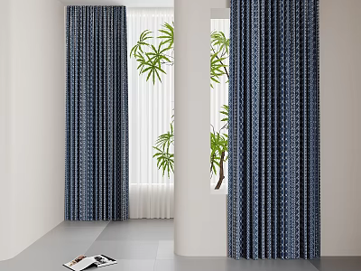 Modern Blue Striped Curtains With White Sheer Panels And Green Plants In Bright Interior 3d model