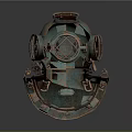 Vintage Teal Rusted Diving Helmet With Round Viewing Windows And Metal Straps