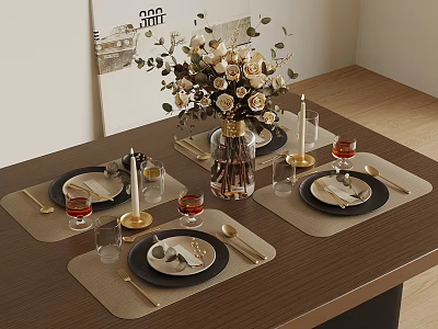 Elegant Dining Table Setting With Flower Vase Candles Wine Glasses And Tableware 3d model