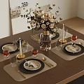 Elegant Dining Table Setting With Flower Vase Candles Wine Glasses And Tableware 3d model