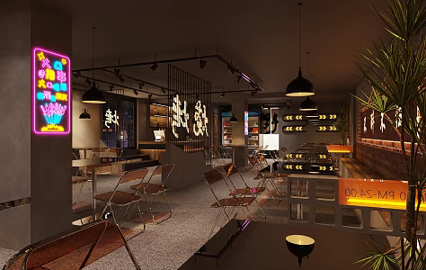 Industrial Style Hot Pot Shop Barbecue Shop Tea Restaurant Stainless Steel Dining Table and Chair Barbecue Shop Wall Decoration Neon Light Industrial Style Chandelier Track Chandelier Damaged Wall 3d model