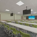 Modern Classroom Interior With Green Chairs White Desks And Large Front Screen