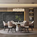 Modern Restaurant Interior With Round Dining Table Chairs Chandelier Dark Marble Wall And Green Plant