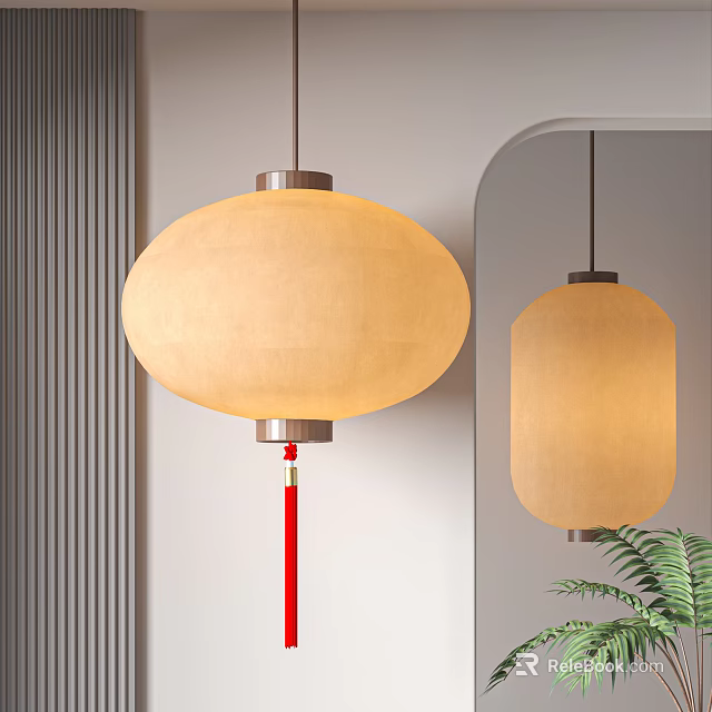 Modern Beige Fabric Round Lantern with Red Tassel in Home Interior Decor 3d model 