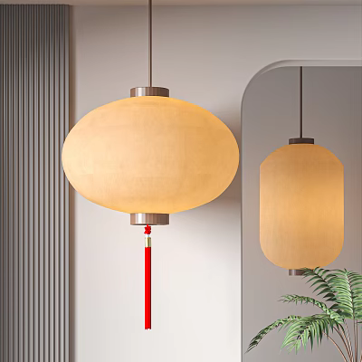 Modern Beige Fabric Round Lantern with Red Tassel in Home Interior Decor 3d model