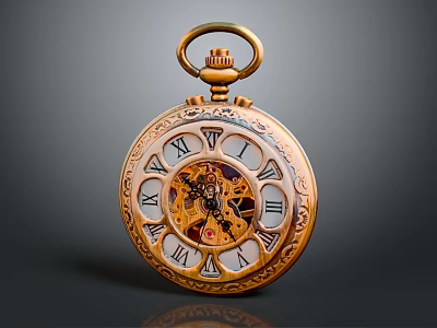 Vintage Gold Pocket Watch with Intricate Carvings Roman Numeral Dial and Mechanical Gear Movement 3d model