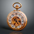 Vintage Gold Pocket Watch with Intricate Carvings Roman Numeral Dial and Mechanical Gear Movement