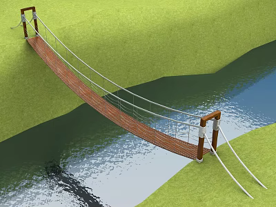 Rustic Suspension Bridge With Wooden Planks And Rope Railings Over Calm Water 3d model
