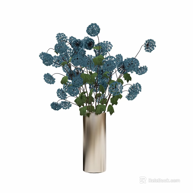Elegant Vase with Blue Flowers and Green Leaves for Home Decoration 3d model 