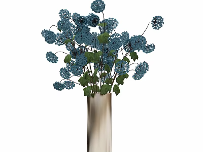 Elegant Vase with Blue Flowers and Green Leaves for Home Decoration 3d model
