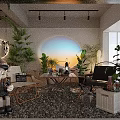 Cozy Hotel Public Lounge Area With Sunlight Lush Plants Wooden Table And Comfortable Seating