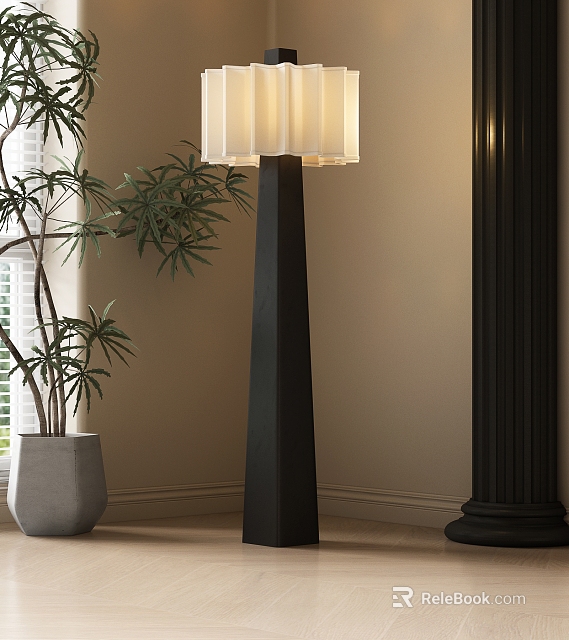Black Floor Lamp with White Lampshade in Living Room with Green Plant and Column 3d model 