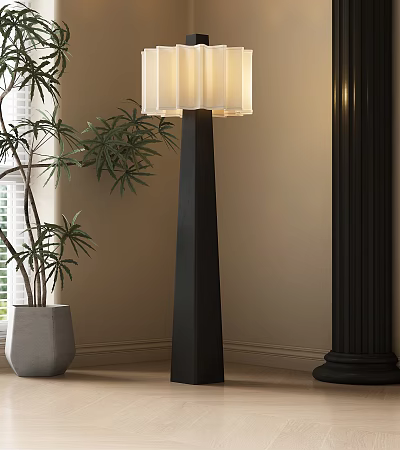 Black Floor Lamp with White Lampshade in Living Room with Green Plant and Column 3d model