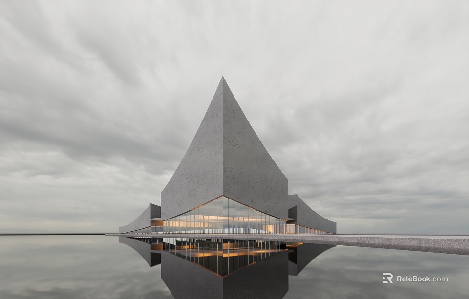 Modern Geometric Sales Office Building With Glass Curtain Walls And Water Reflection Under Cloudy Sky 3d model 